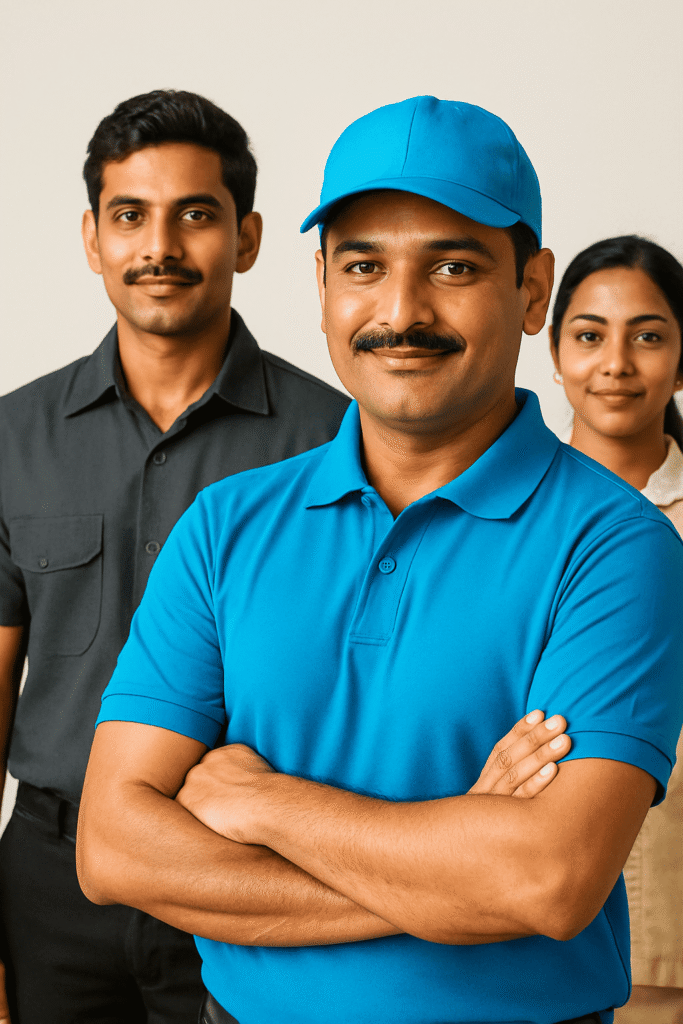 A confident male staff in a blue polo and cap stands with teammates, representing Expert Facility Management Company In Bangalore