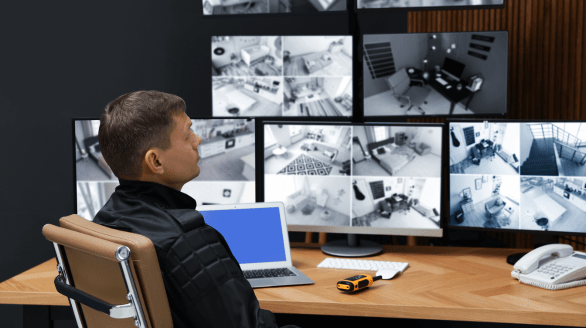 Security guard monitoring multiple CCTV screens, highlighting Facility Manager Service in Bangalore for safety and surveillance.