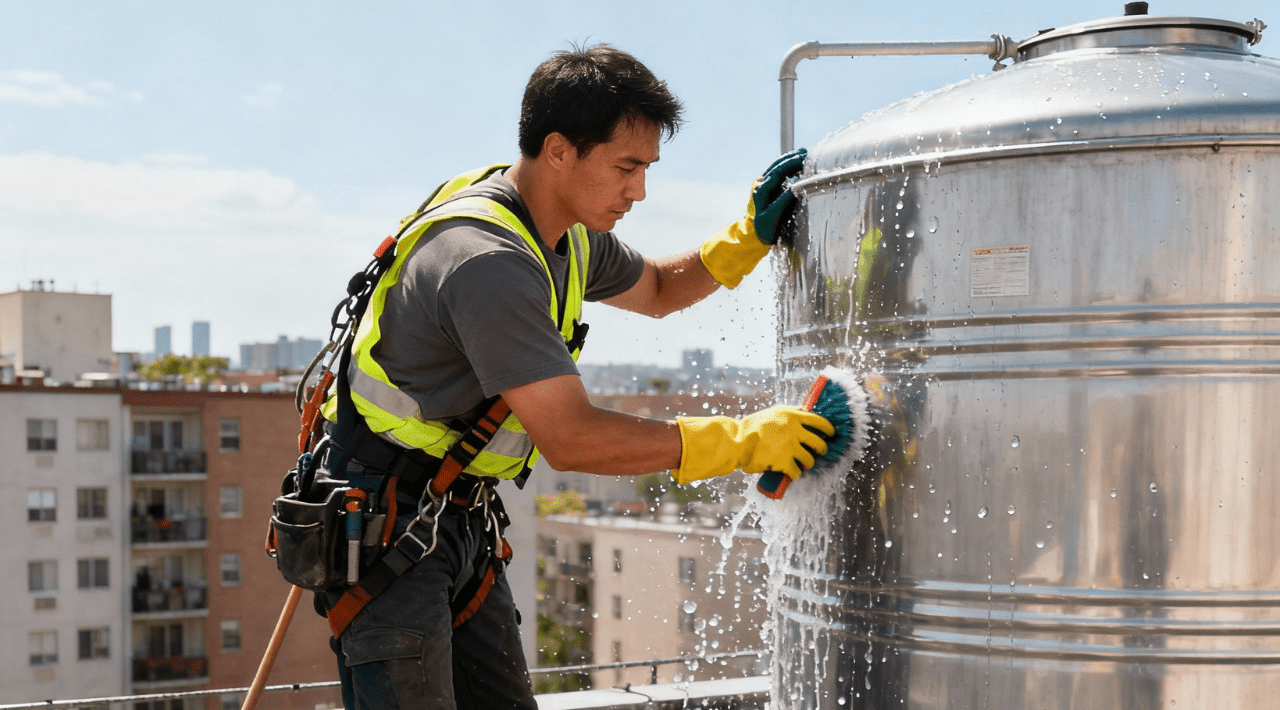 Soft services worker cleaning a large water tank on the rooftop of a building.